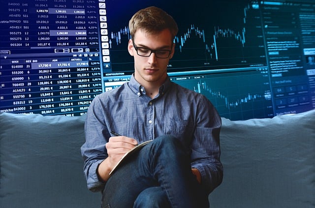An image depicting a person analyzing candlestick charts and economic indicators, surrounded by a computer screen displaying live forex rates