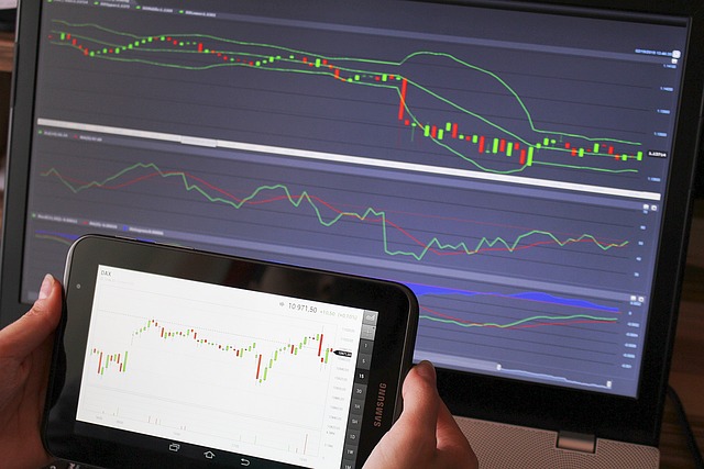 An image showcasing a computer screen displaying live forex charts with various technical indicators such as moving averages, MACD, and RSI