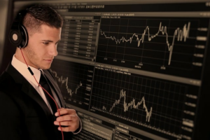 An image that captures the potential of online forex trading, depicting a person confidently navigating a digital trading platform, surrounded by charts, graphs, and a world map showing global financial markets